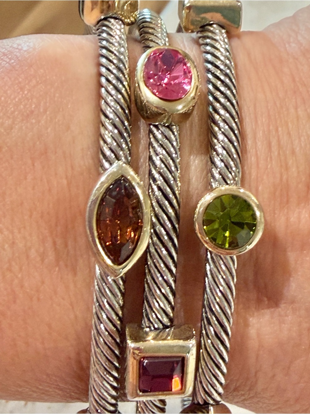 Multicolor Crystal stones surrounded in gold tone Cable Bangle Bracelet Silver
